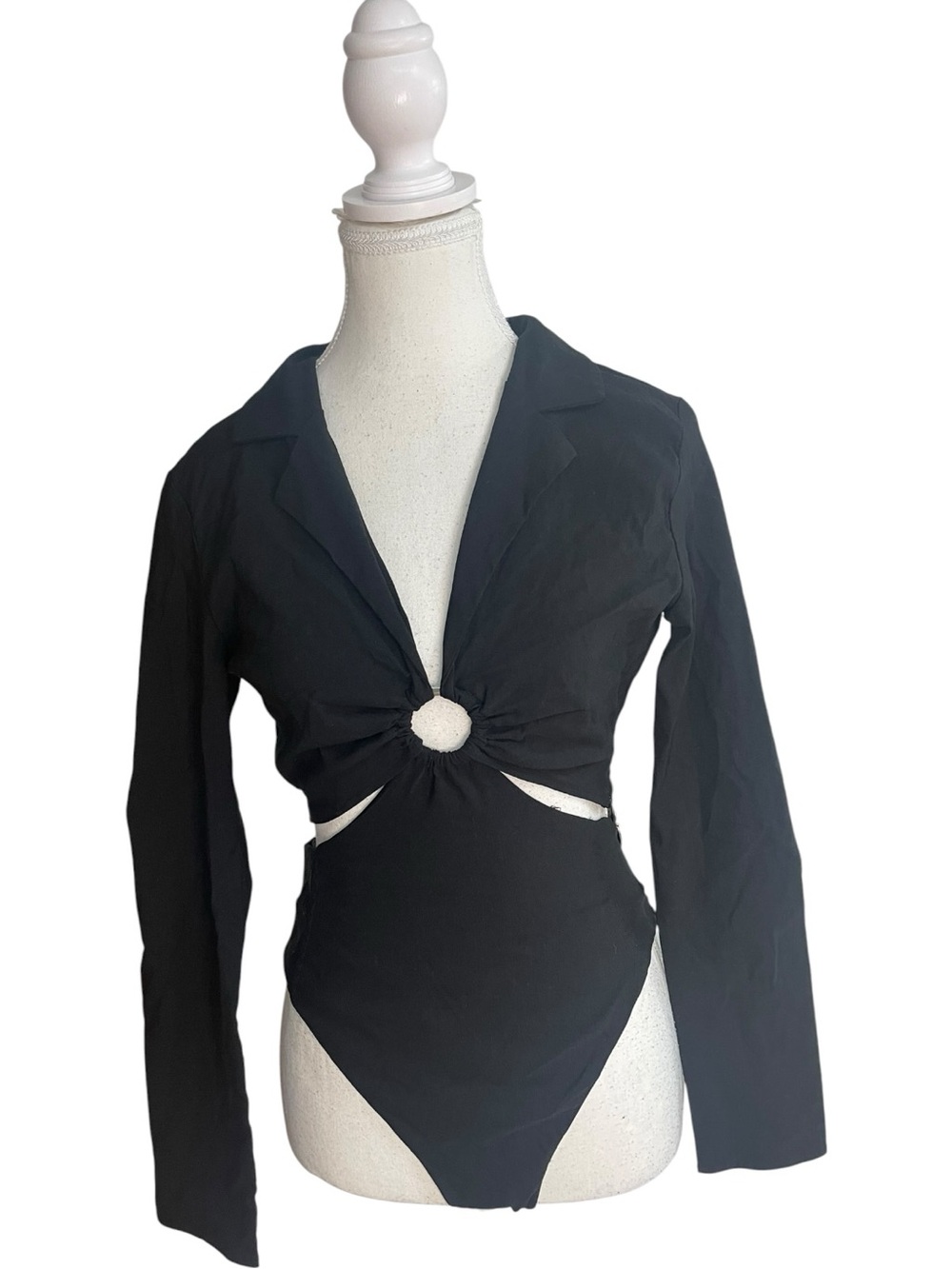 Zara Linen Cutout Bodysuit with Ring Detail Black